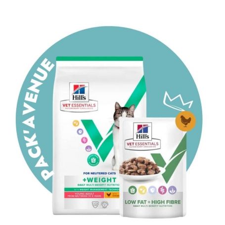 Pack'Avenue Hill's Vet Essentials Chat Multi-Benefit + Weight Young Adult Poulet sac 8 kg avec 12 sachets