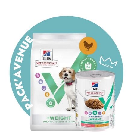 Pack'Avenue Hill's Vet Essentials Chien Multi-Benefit + Weight Adult 1+ Medium Poulet sac 10 kg avec 12 sachets