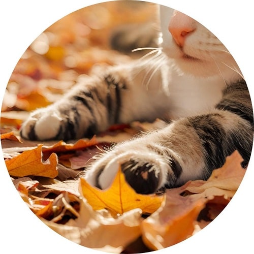 Les pâtes d'un chat dans des feuilles mortes