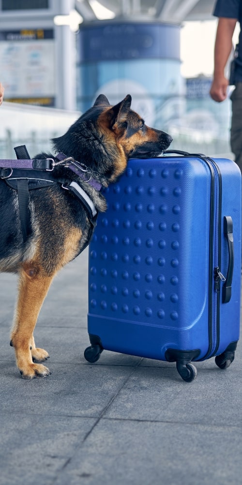 chien à l'aeroport avec une valise