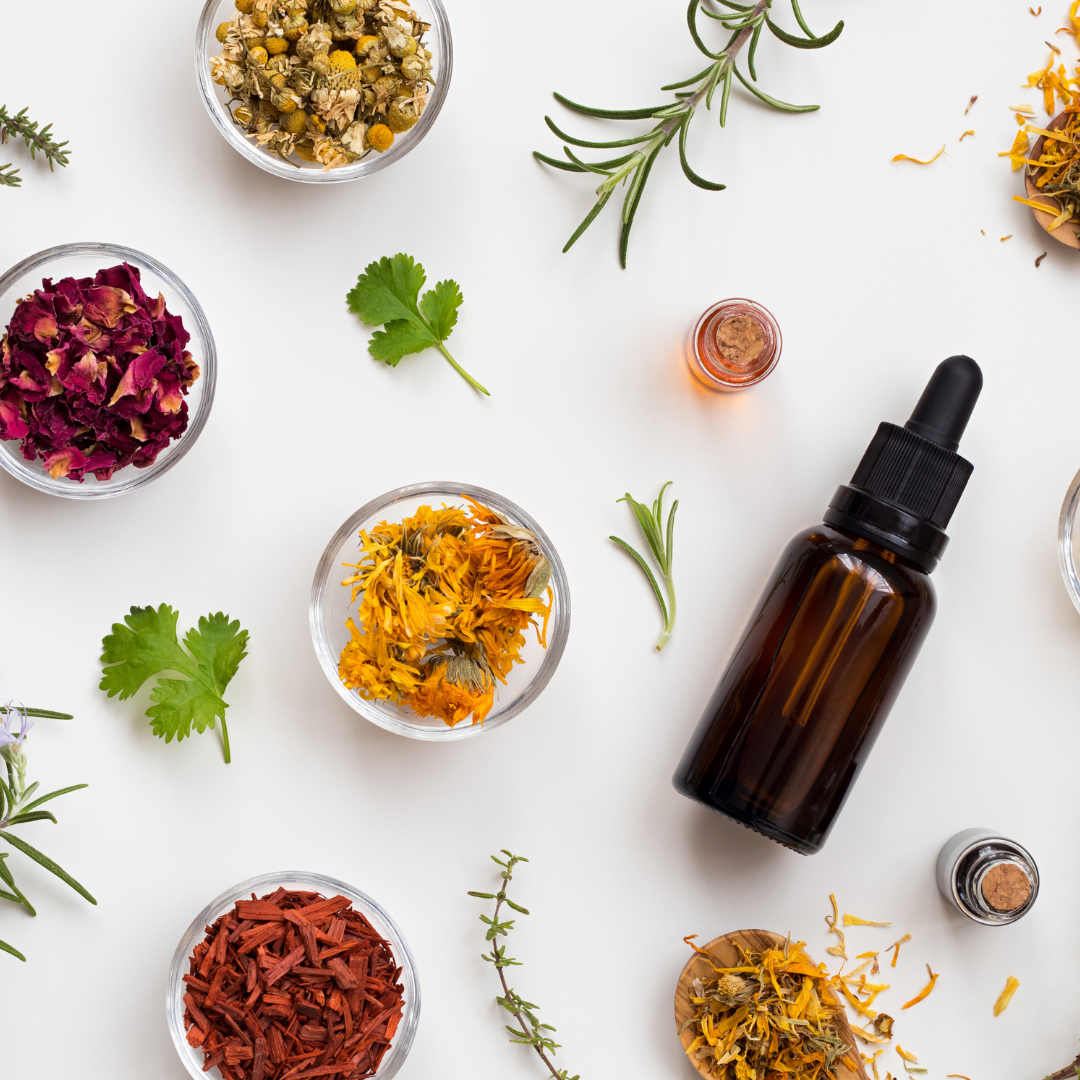 Huile essentielle et herbes aromatiques