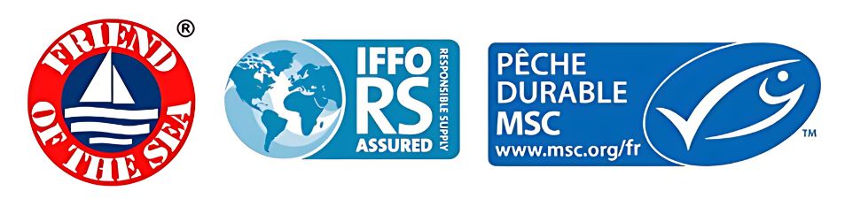 logos "friend of the sea", "IFFO RS ASSURED" et "Pêche Durable MSC"